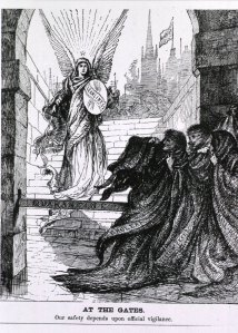 The specters of cholera, yellow fever, and smallpox recoil in fear as their way through the Port of New York is blocked by a barrier on which is written "quarantine" and by an angel holding a sword and shield on which is written "cleanliness." Courtesy of the National Library of Medicine.