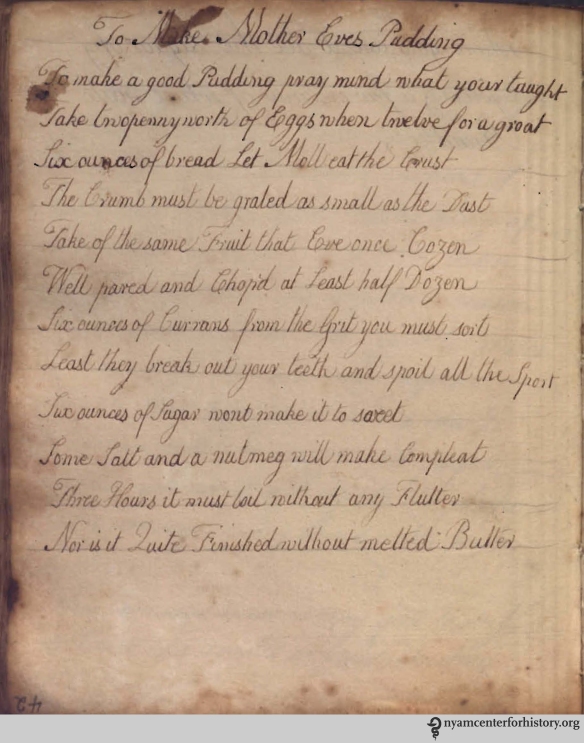 A recipe in verse for Mother Eve’s Pudding, late 18th-century.