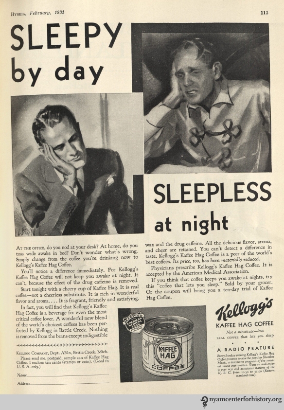Kellogg's Kaffee Hag ad in Hygeia Magazine, February 1931. Click to enlarge. 