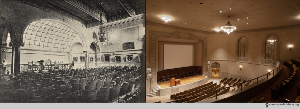 Left: Hosack Hall on West 43rd St. Image in Van Ingen, The New York Academy of Medicine: Its first hundred years, 1949. Right: Hosack Hall Today, at 1216 Fifth Avenue.