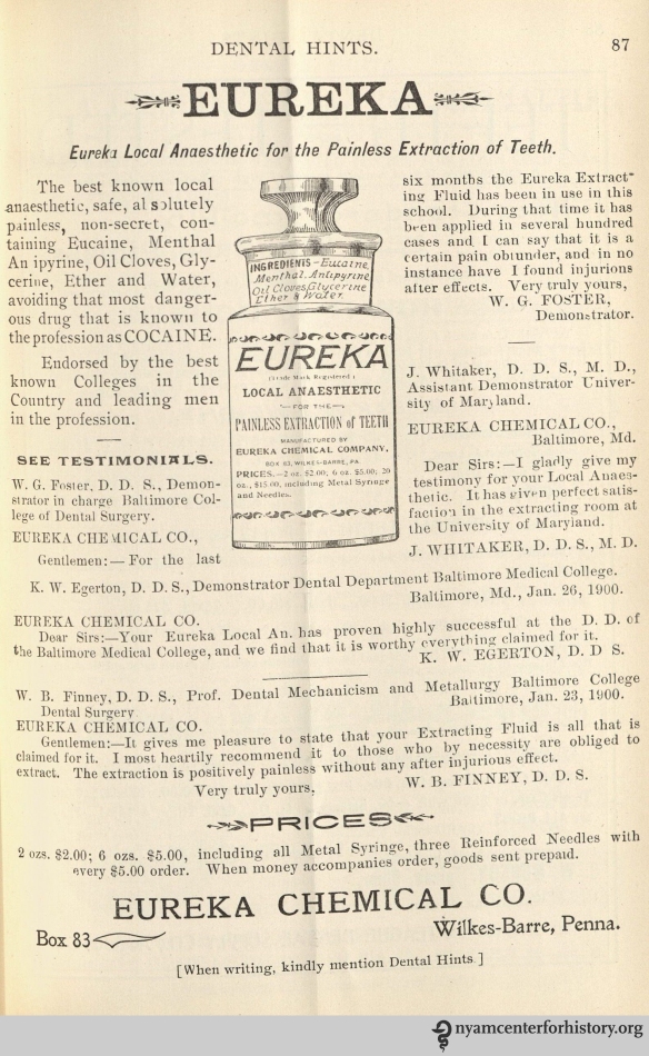 Advertisement for Eureka Local Anaesthetic in Dental Hints, vol. 3, no. 2, February 1901.