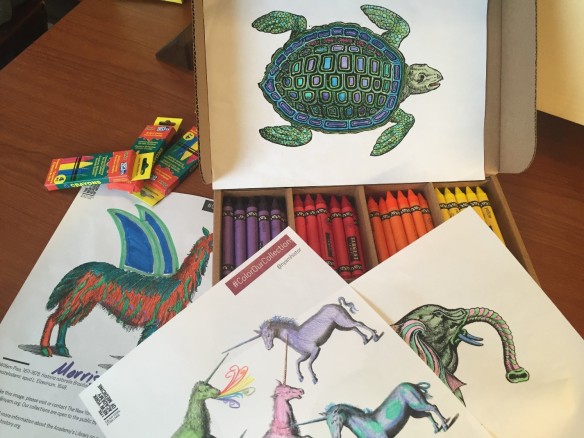 Coloring sheets fro the New York Academy of Medicine Library. Photo: Emily Miranker.