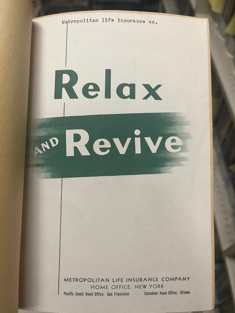 The title page for Relax and Revive by Met Life. The font is turquoise. 