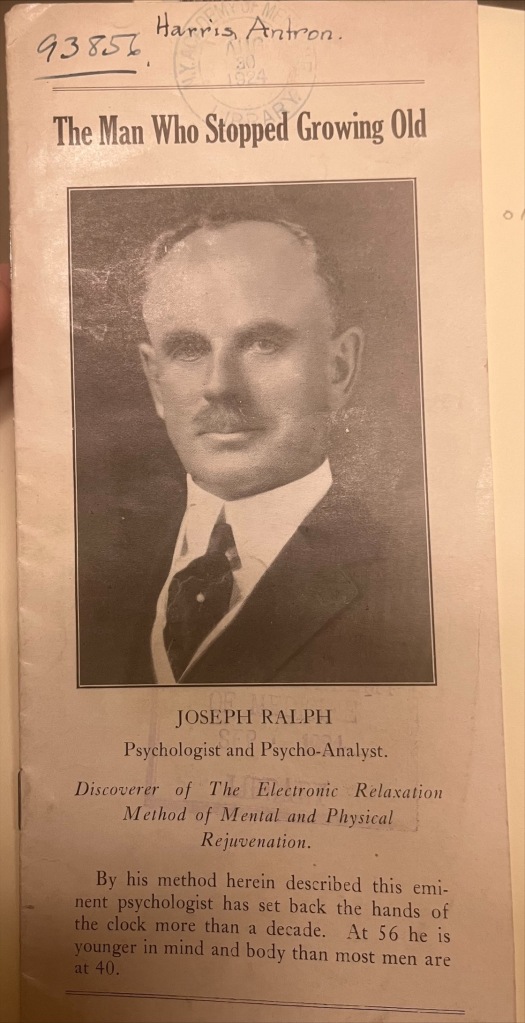 The title page of "The Man Who Stopped Growing Old." This features a portrait of the subject, Jason Ralph. It identifies him as well as his profession of psychologist and psycho-analyst. 