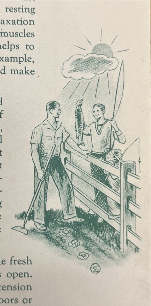 An image of a man showing the fish that he and his son caught to his neighbor. The two adult men are separated by a fence. The boy has climbed the fence to proudly speak with his dad. 